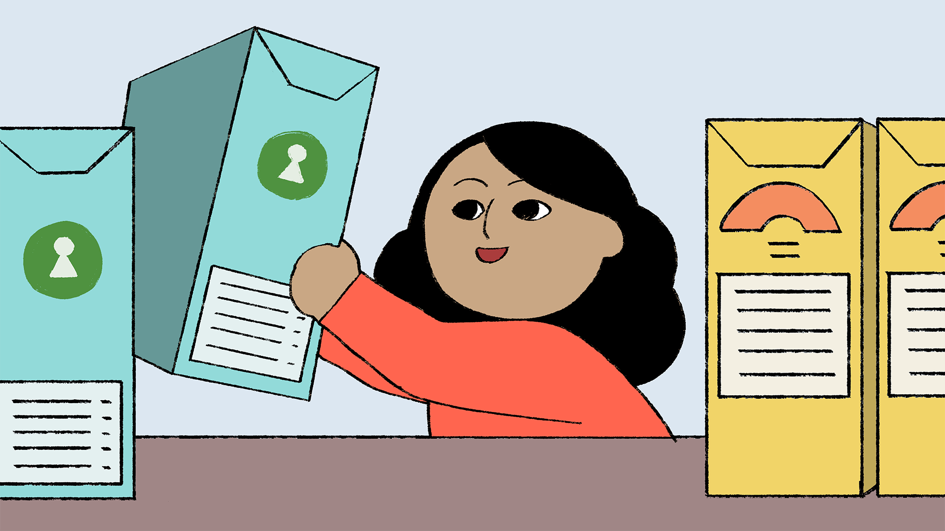 Et stillbilde fra filmen, en liten jente løfter en boks med frokostblanding med nøkkelhull-symbol fra hyllen i butikken